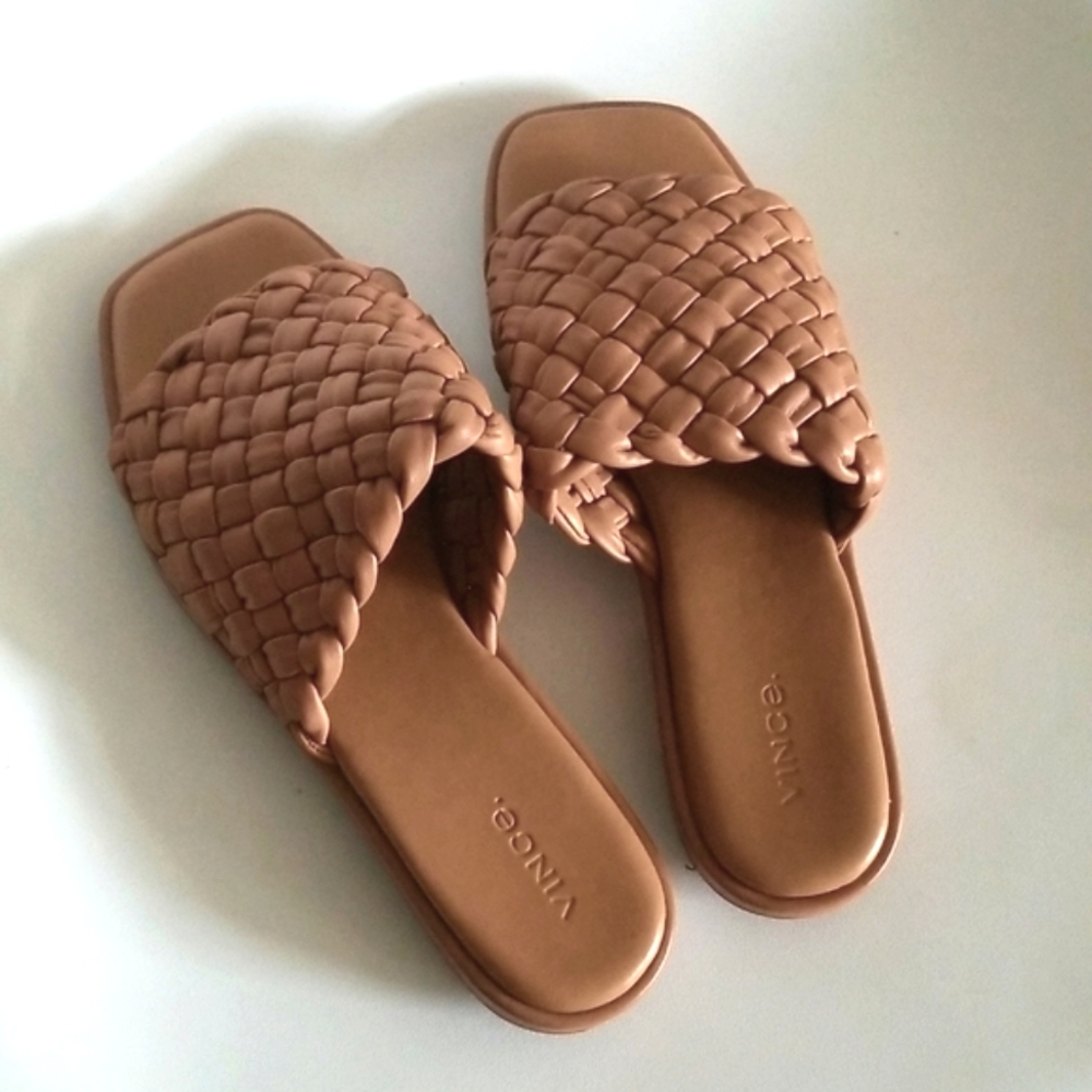 Vince Women's Brown Leather Basketweave Slide Sandal, 38.5